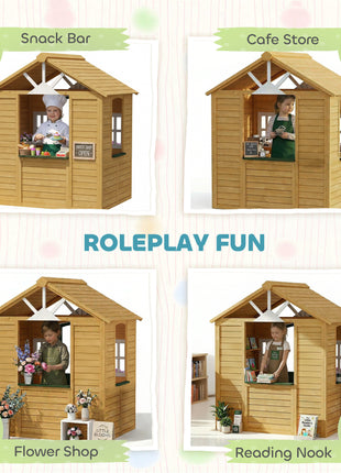 Outdoor Playhouse, Wooden Kids Playhouse with Door, 3 Windows, 2 Flower Boxes for Garden, Indoor Playroom, Ages 3–8
