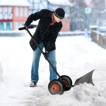 Snow Shovel Rolling Pusher with 29" Blade, 10" Wheels & Angle-Adjustable Handle, Black