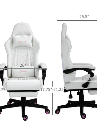 High Back PU Leather Gaming Chair, Racing Computer Chair with Swivel Wheels, Retractable Footrest, Headrest, Lumbar Support, and Armrest, White and Pink