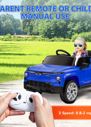 12V Chevrolet Silverado EV RST Licensed Kids Electric Car with Parent Remote Control, Spring Suspension, Blue