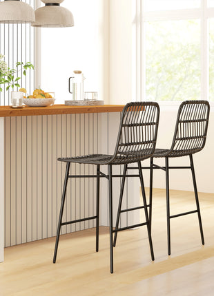 Rattan Counter Bar Stools Set of 2, 26" Counter Height Barstools with Back, Bar Chairs for Kitchen Island, Black