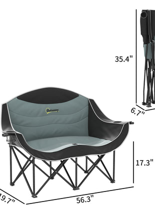 Padded Folding Camp Chair for Adults, Double Camping Chair with Armrests, Cup Holders, Carry Bag for Outdoor, Black