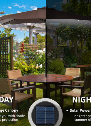9' x 7' Solar Umbrella, LED Lighted Patio Umbrella for Table or Base with Tilt & Crank, Outdoor Umbrella for Garden, Deck, Backyard, Pool, Beach, Brown