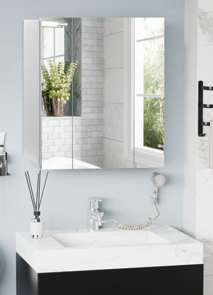 Wall Mounted Mirror Cabinet, Bathroom Medicine Cabinet with Mirror, 3 Doors and Adjustable Shelves, White