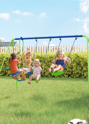 Metal Swing Set with Glider, Two Swing Seats and Adjustable Height, Outdoor Heavy Duty A-Frame Suitable for Playground, Backyard, Green