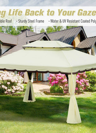 10' x 13' Patio Gazebo, Aluminum Frame Double Roof Outdoor Gazebo Canopy Shelter with Netting & Curtains, Cream White
