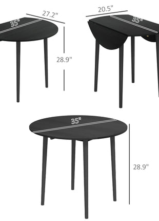 Folding Dining Table, Round Drop Leaf Kitchen Table for Small Spaces with Wood Legs, Black