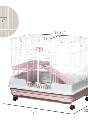 2-Level Small Animal Cage Rabbit Hutch with Wheels, Removable Tray, Platform and Ramp for Bunny, Chinchillas, Ferret, Pink