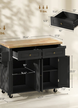 44" Mobile Kitchen Island Table, Kitchen Island Cart on Wheels with Storage Cabinets, 2 Drawers, Black