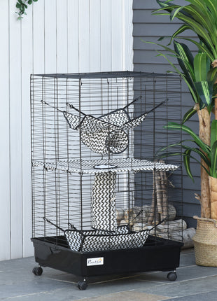 42" Ferret Cage, Small Animal Habitat Metal Pet Cage with Wheels Brakes, Hammocks, Hanging Tunnels, and 3 Doors, Black