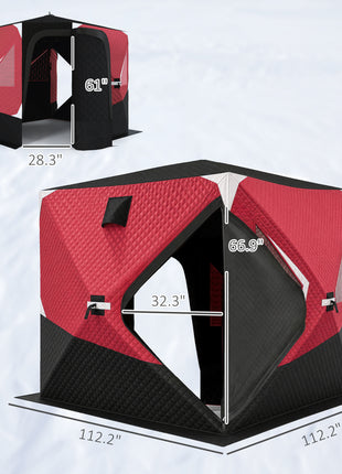 Insulated Pop-Up Ice Fishing Tent, 3-4 Person Portable Hub Style Ice Fishing Shelter with Double Zipper Doors