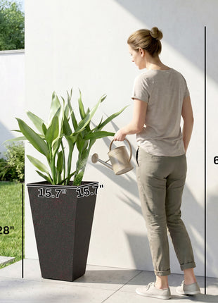 28" Tall Planters, Set of 3 Plastic Flower Pots with Marble Finish and Drainage Holes, Stackable Taper Planters, Brown