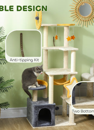63 Inch Moon and Star Themed Cat Tree with Scratching Post, Hammock, Condo, Bed, Scratching Board & Cat Toys, Beige