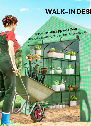 Outdoor Walk-in Greenhouse with Roll-up Zipper Door, 18 Shelves, PE Cover, 95.25" x 70.75" x 82.75", Green