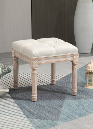Ottoman Bench Vintage Footrest w/ Button Tufted Seat, Carved Wooden Legs, Beige
