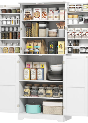 Farmhouse Kitchen Pantry, 72" Tall Pantry Cabinet with 4 Barn Doors, 4 Adjustable Shelves and 8 Door Shelves, White