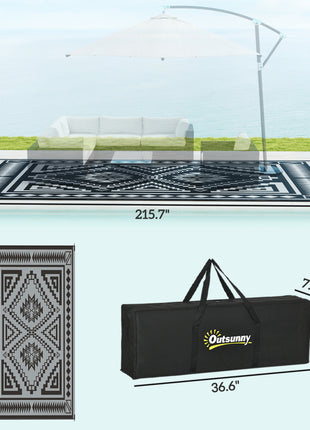 Reversible Outdoor Rug, Waterproof Plastic Straw with Carry Bag, 9' x 18', Black & Gray Square Patchwork