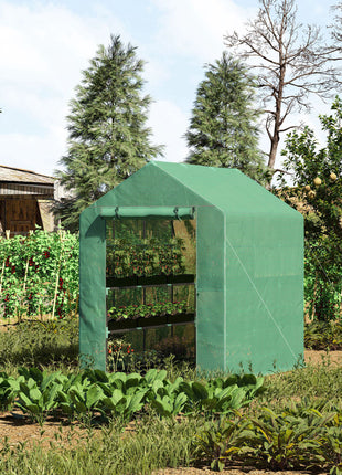 7' x 5' x 6' Walk-in Greenhouse for Outdoors with Mesh Door, 18 Shelf Hot House with Trellis, Plant Labels, UV Protective, Steel Frame for Growing Flowers, Herbs, Vegetables, Saplings, Green