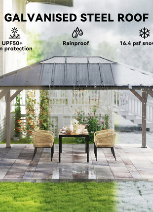 12' x 16' Hardtop Gazebo with Galvanized Steel Roof, UPF50+ Wood Permanent Pavilion with Clear Roof Top, Light Walnut