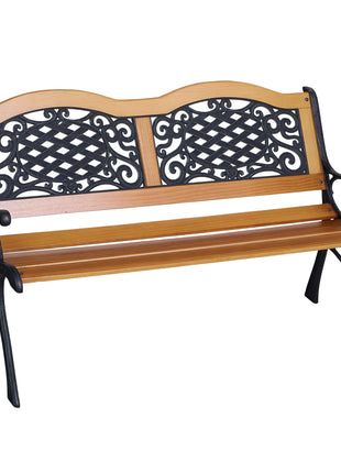 50" Outdoor Garden Bench, Park Patio Bench Loveseat, Wood & Metal Frame with Plastic Flourish Backrest, Natural Wood