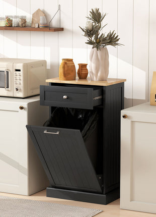 10 Gallon Tilt Out Trash Cabinet, Wooden Hidden Trash Can with Storage Drawer for Kitchen, Laundry Hamper Cabinet for Bathroom, Black