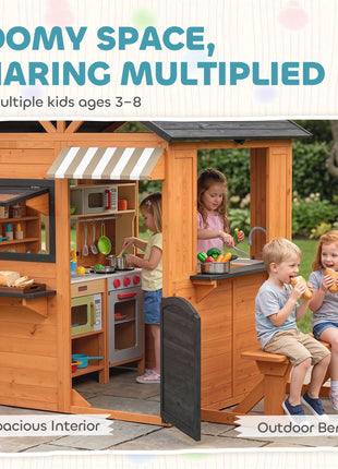 Wooden Kids Playhouse with Play Kitchen, Picnic Bench, Serving Station, Windows and Door for Backyard, Ages 3–8, Brown