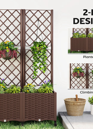 Planter Box with Trellis, Self Watering Raised Garden Bed with Lockable Wheels and Drainage Holes, Brown