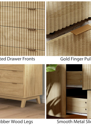 4 Drawer Double Dresser for Bedroom, Fluted Chest of Drawers with Gold Finger Pulls and 4 Wood Legs, Natural Wood