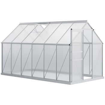 12' x 6' x 6.5' Polycarbonate Greenhouse with Aluminum Frame, Walk-in Heavy Duty Green House with Adjustable Roof Vent, Rain Gutter and Sliding Door for Winter, Silver