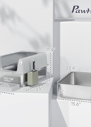 High Sided Stainless Steel Litter Box with Metal Scoop & Scoop Holder, for Easy Clean& Anti-Urine Leakage, Light Gray