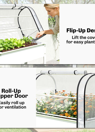 Raised Garden Bed with Flip-Up Greenhouse Cover, Metal Elevated Garden Bed with Legs and Drainage Hole, White