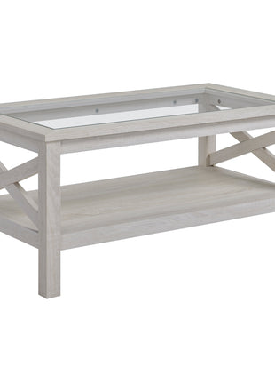 Coffee Table with Tempered Glass Tabletop, Living Room Table with Wood Frame and Underneath Storage Shelf, White Oak