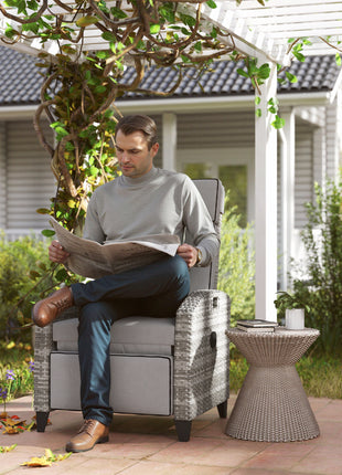 Outdoor Recliner Chair with Cushions, Reclining Patio Lounge Chair with Adjustable Footrest, Armrests, Tray Table, Gray
