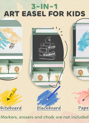 Art Easel for Kids, Double-Sided Whiteboard & Chalkboard with Paper Roll, Storage Baskets for Toddlers Ages 3-8, Green