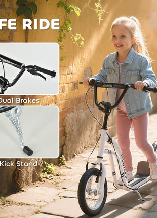 Youth Scooter Front and Rear Caliper Dual Brakes 12-Inch Inflatable Front Wheel Ride On Toy For Age 5+ - White