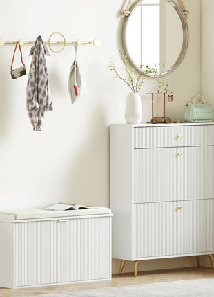 Shoe Storage Bench with Padded Seat Cushion and Flip-Drawer, Entryway Bench, Shoe Cabinet, 31.5x10.2x18.7 Inches, White