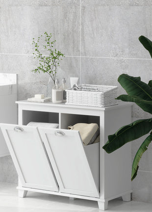Dual Tilt out Laundry Hamper Cabinet, Bathroom Storage Cabinet with 2-Compartment Hamper, Modern Bathroom Floor Cabinet for Washroom, White