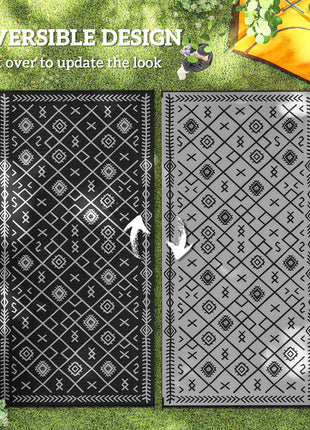 Reversible Outdoor Rug, Waterproof Plastic Straw with Carry Bag, 9' x 18', Black & Gray Rhombus