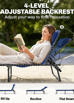 2 Folding Chaise Lounge Pool Chairs with 4-Position Reclining Back, Pillow, Breathable Mesh & Bungee Seat, Blue