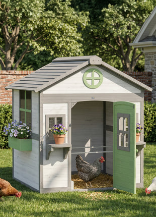 Chicken Coop, Wooden Hen House Outdoor Playhouse for 2-4 Chickens, Poultry Cage with Planter Pots and Boxes