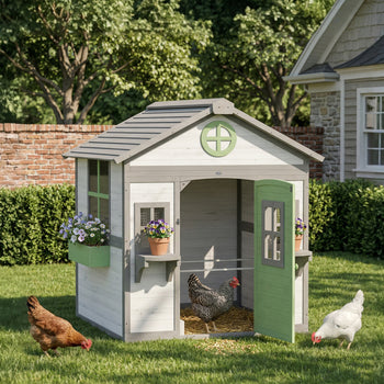 Chicken Coop, Wooden Hen House Outdoor Playhouse for 2-4 Chickens, Poultry Cage with Planter Pots and Boxes