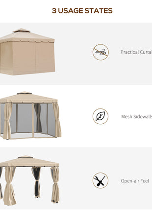  10' x 10' Patio Gazebo, Aluminum Frame Double Roof Outdoor Gazebo Canopy Shelter with Netting & Curtains, for Garden, Lawn, Backyard and Deck, Khaki