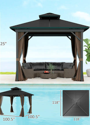 10' x 10' Hardtop Gazebo with Aluminum Frame, Metal Roof Gazebo Canopy w/ Hook, Curtains included, Dark Brown