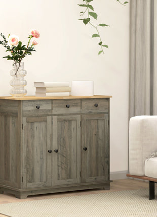 Kitchen Storage Cabinet, Sideboard Floor Cupboard with Solid Wood Top, Adjustable Shelf, and 3 Drawers, Distressed Gray