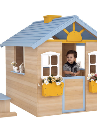 Wooden Playhouse for Kids Outdoor Garden with Working Door, Windows, Bench, Service Station, Flowers Pot Holder, Blue