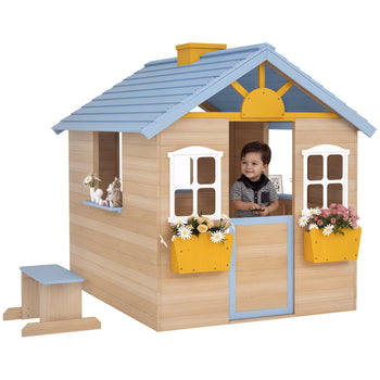 Wooden Playhouse for Kids Outdoor Garden with Working Door, Windows, Bench, Service Station, Flowers Pot Holder, Blue