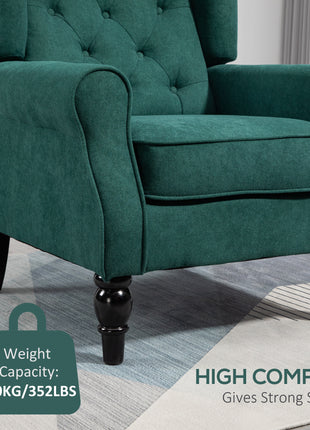 Wingback Accent Chair for Living Room, Button-Tufted Lounge Chair with Round Armrests and Wood Legs, Dark Green
