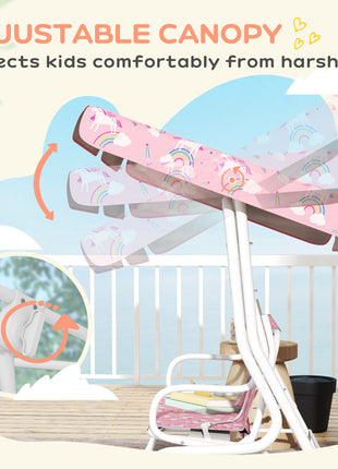 Kids Porch Swing, 2-Seater Patio Swing Bench with Safety Belts, Adjustable Canopy for Backyard, Garden, Pink