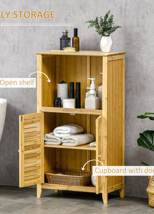 Bamboo Floor Cabinet Bathroom Floor Cabinet Living Room Organizer Tower with Multiple Shelves and Doors, Natural