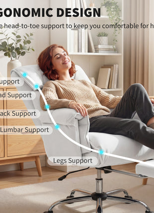 High Back Office Chair, Reclining Desk Chair with Footrest, High Resilience Foam, Rolling Wheels, Cream White